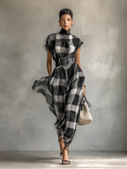Checkered Chiffon Maxi Dress with High Neck and Short Sleeves