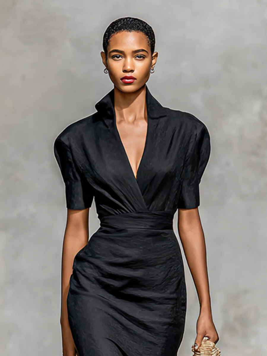 Women’s Monochrome Midi Dress with V-Neck and Short Sleeves