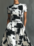 Maxi Dress with Short Sleeves and Abstract Print