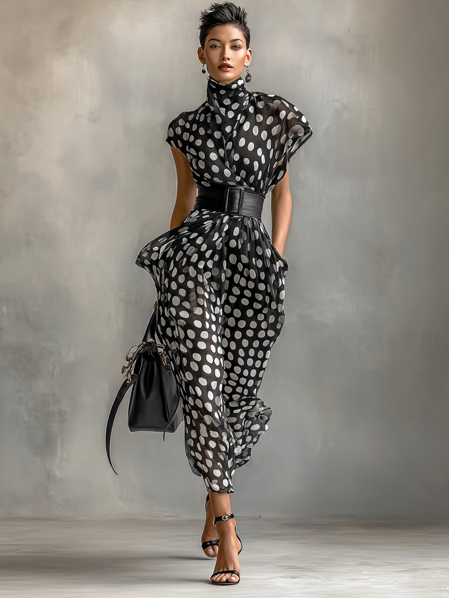 Chiffon Maxi Dress with Polka Dot Print and High Neck
