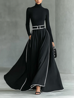 Black Maxi Dress with White Stitching, High Neck, Long Sleeves, and Fitted Belt