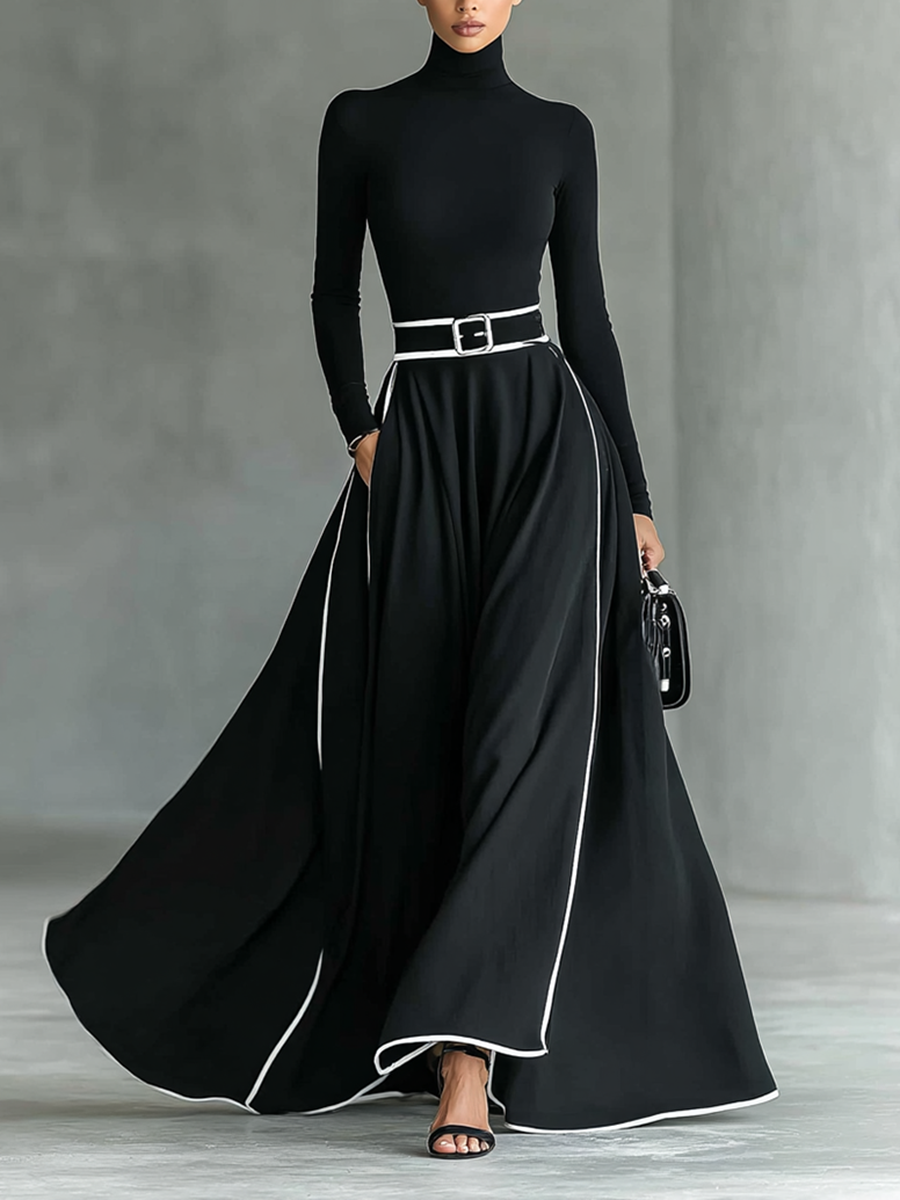 Black Maxi Dress with White Stitching, High Neck, Long Sleeves, and Fitted Belt
