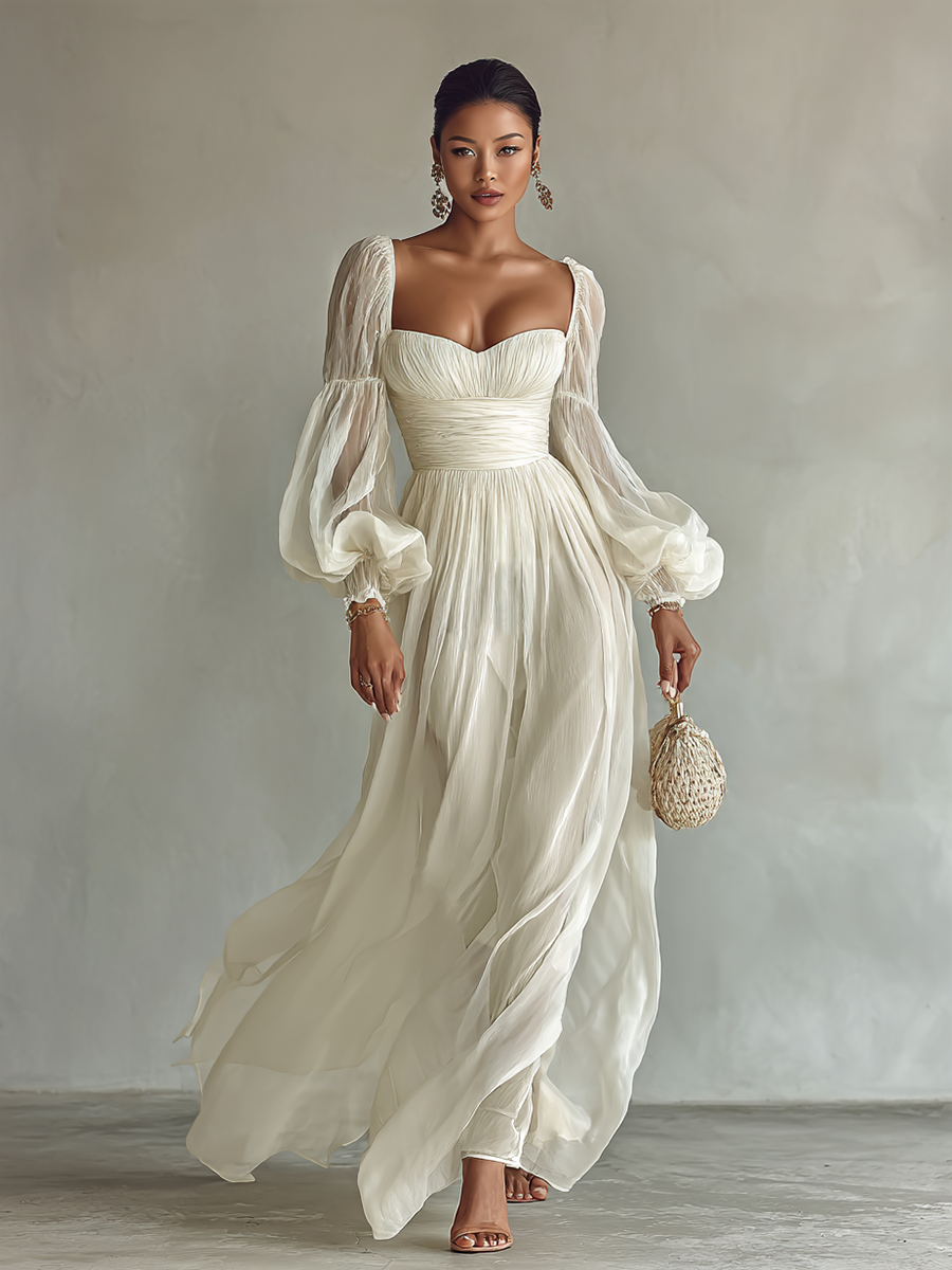Women's Chiffon Maxi Dress with Square Neckline and Long Sleeves