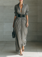 Maxi Dress with Notched Collar and Long Sleeves