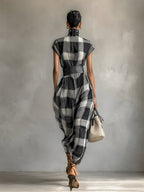 Checkered Chiffon Maxi Dress with High Neck and Short Sleeves