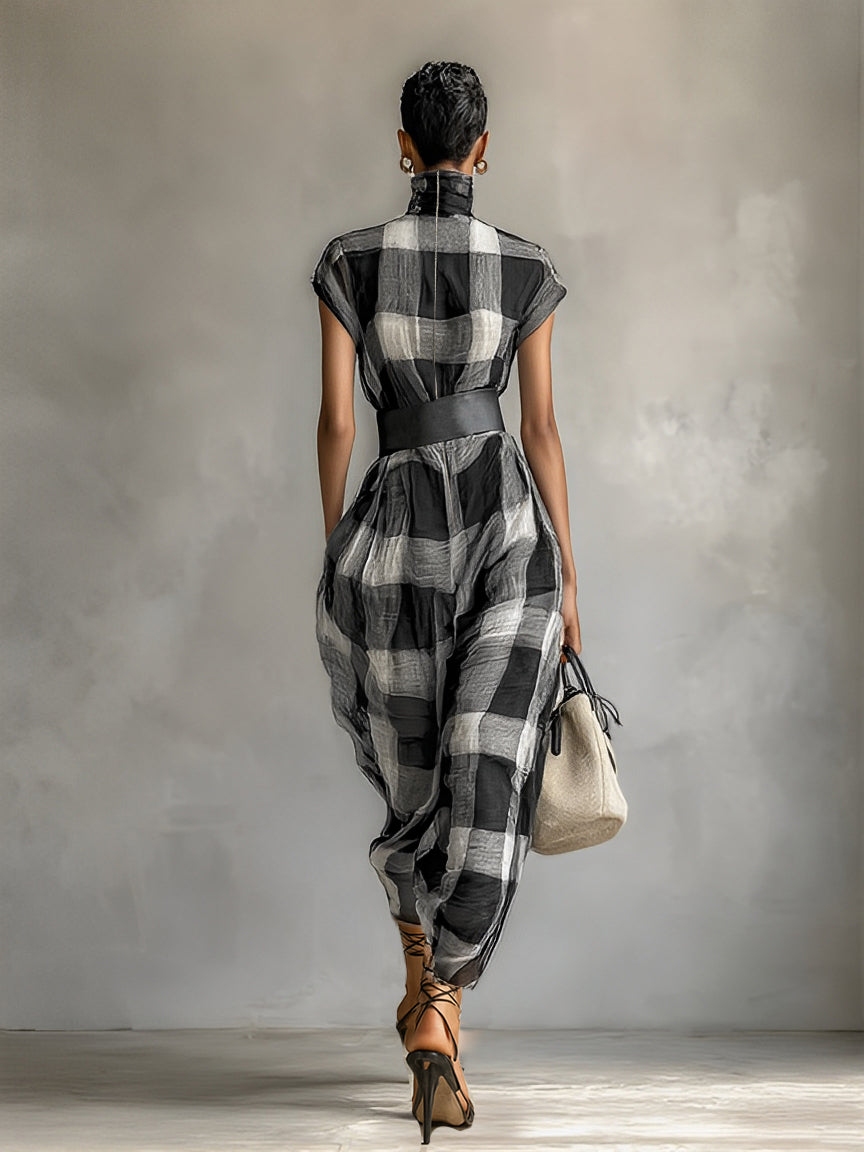 Checkered Chiffon Maxi Dress with High Neck and Short Sleeves