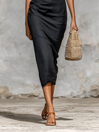 Women’s Monochrome Midi Dress with V-Neck and Short Sleeves