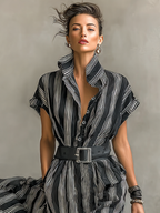 Women's Printed Striped Chiffon Maxi Dress with Collar, Short Sleeves, and Belt