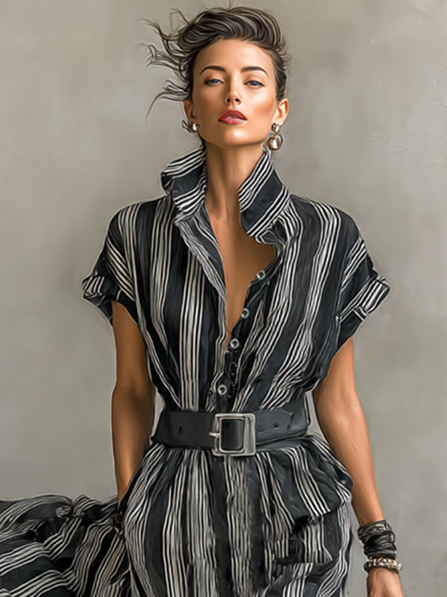 Women's Printed Striped Chiffon Maxi Dress with Collar, Short Sleeves, and Belt