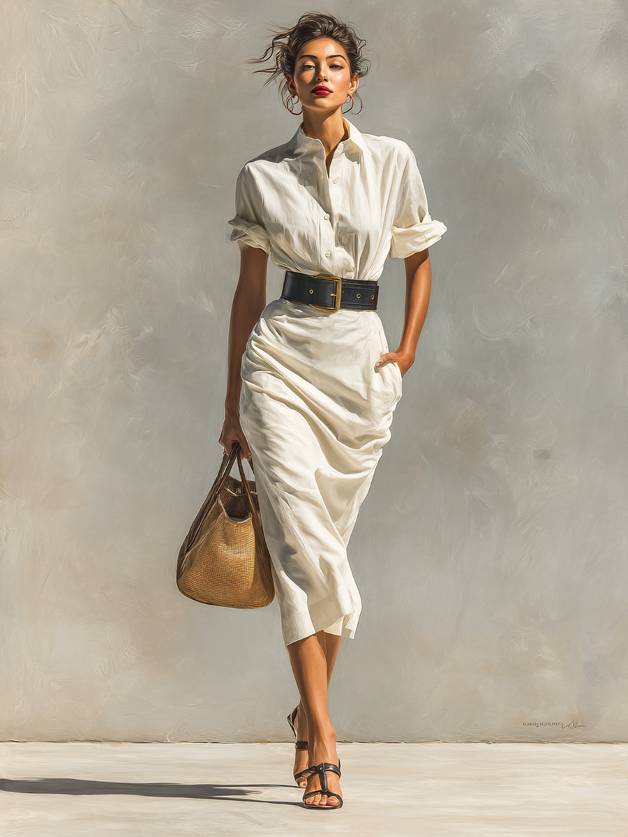 Women’s Dress with Short Sleeves, Collar, and Belt