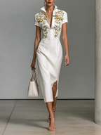 Women's Embroidered Midi Dress with V-Neckline and Short Sleeves