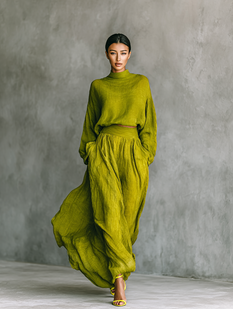 Women's Green Set in Cotton-Linen Blend