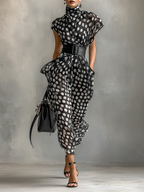 Chiffon Maxi Dress with Polka Dot Print and High Neck