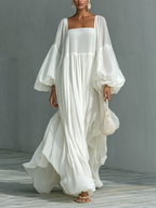 Pleated Maxi Dress with Lantern Sleeves and Lapel Collar