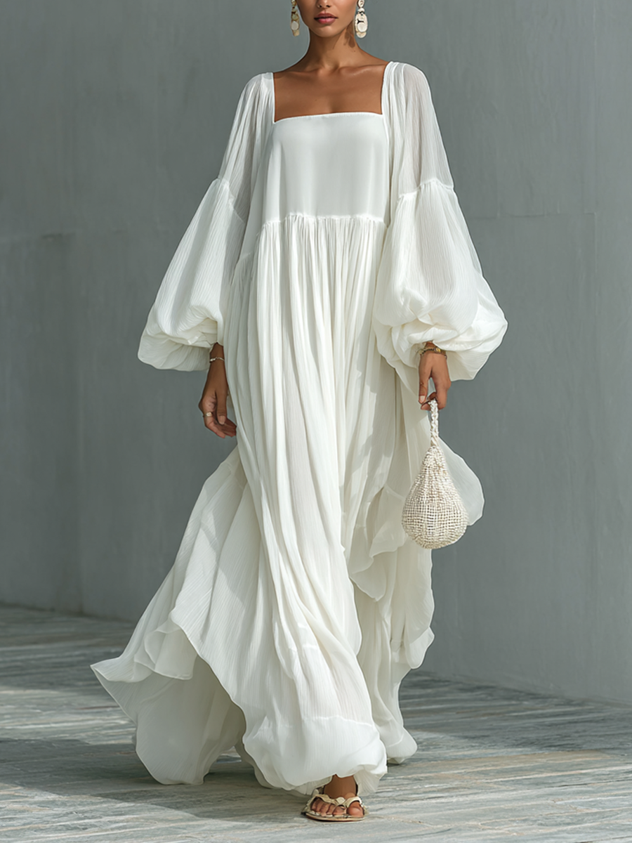 Pleated Maxi Dress with Lantern Sleeves and Lapel Collar