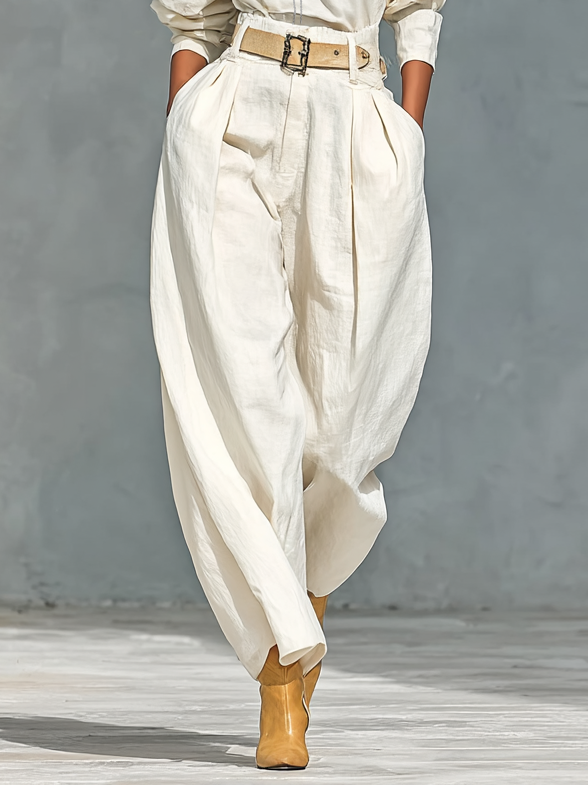 Long-Sleeve Shirt and Wide-Leg Pants Set in Cotton and Linen