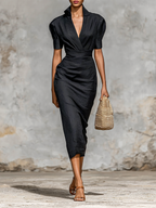 Women’s Monochrome Midi Dress with V-Neck and Short Sleeves