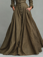 Women’s Vintage Cotton-Linen Maxi Dress with Shirt Design