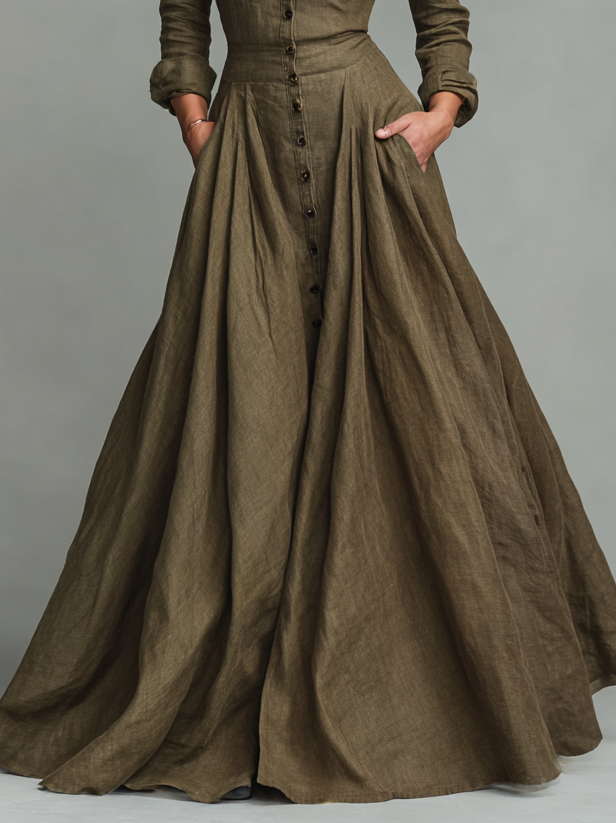 Women’s Vintage Cotton-Linen Maxi Dress with Shirt Design