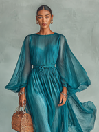 Women's Chiffon Maxi Dress with Round Neckline and Long Sleeves, featuring an Adjustable Waist