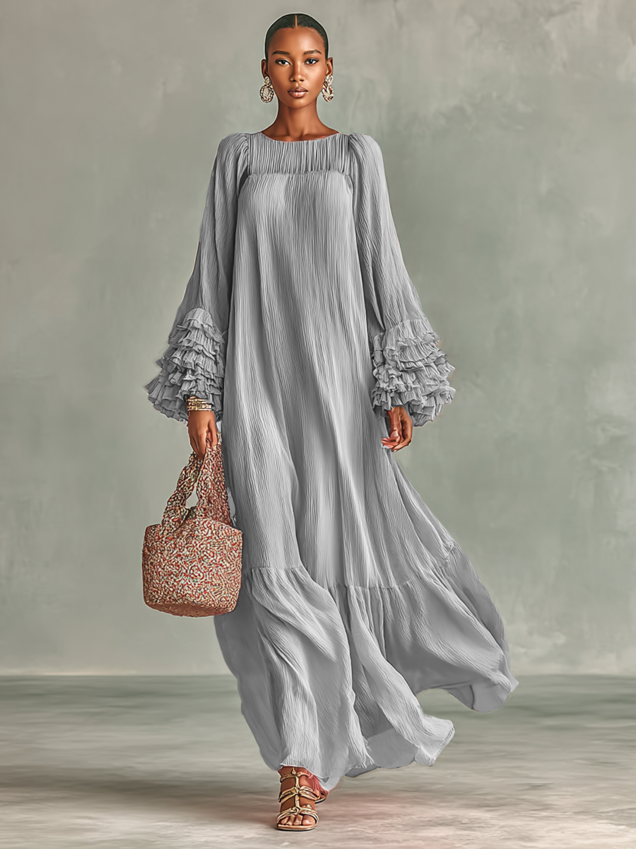 Women’s Pleated Chiffon Maxi Dress with Long Sleeves and Ruffles