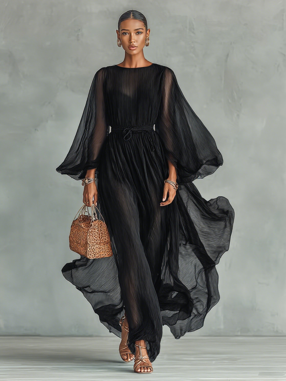Women's Chiffon Maxi Dress with Round Neckline and Long Sleeves, featuring an Adjustable Waist