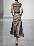 Sleeveless Checkered Tulle Maxi Dress with Collar and Belt