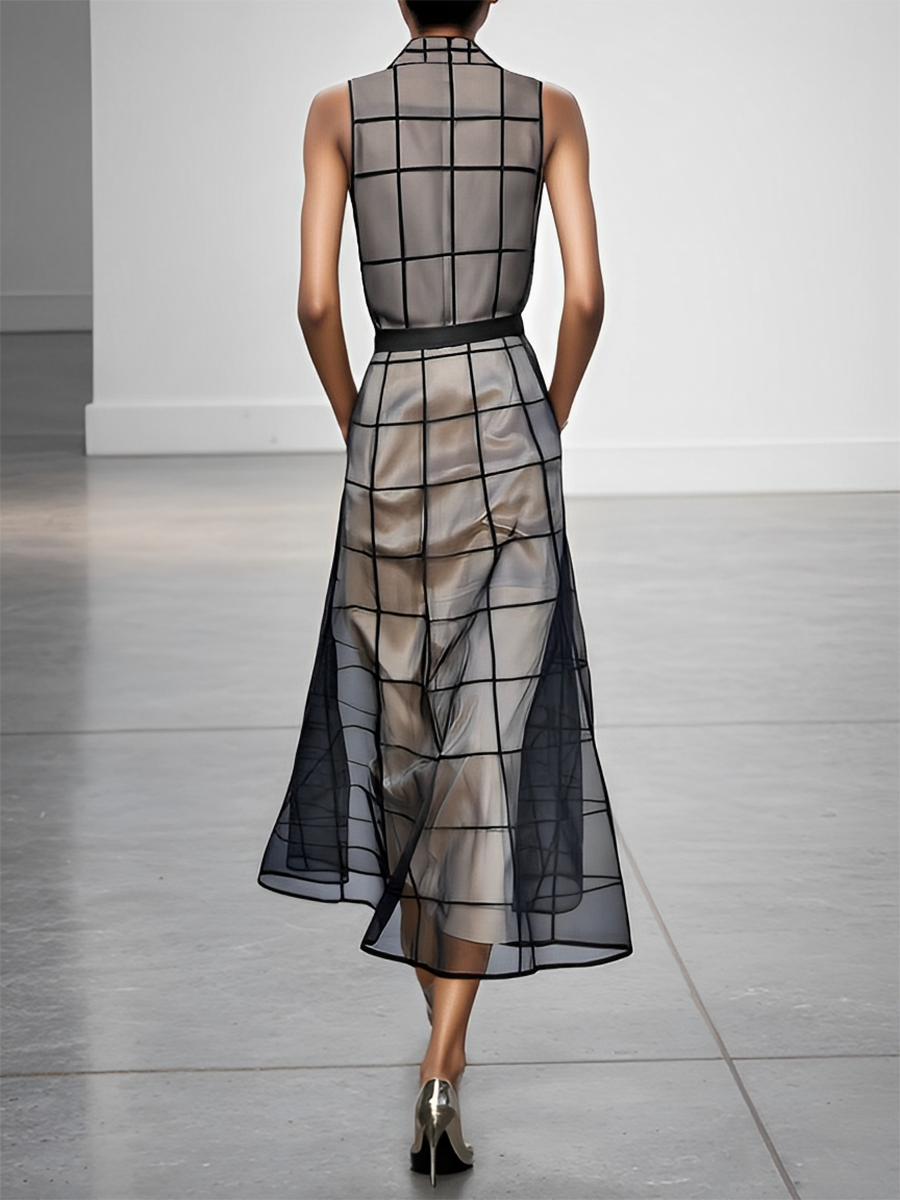 Sleeveless Checkered Tulle Maxi Dress with Collar and Belt