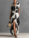 Maxi Shirt Dress in Chiffon for Women with Irregular Geometric Print, Lapel Collar, Short Sleeves, and Single Button