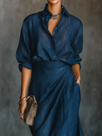 Dark Blue Long Skirt and Elegant Shirt Set in Cotton-Linen