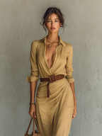 Long Maxi Dress with Lapel Collar and Included Belt
