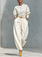 Long-Sleeve Shirt and Wide-Leg Pants Set in Cotton and Linen