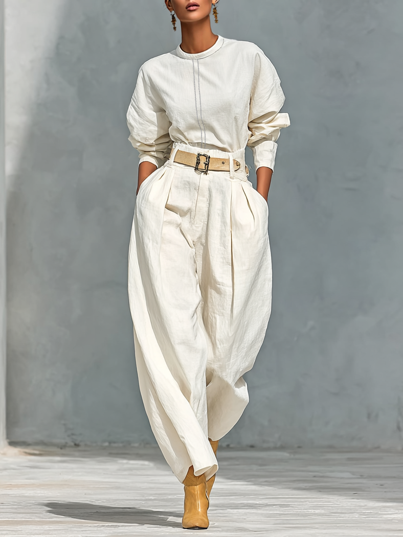 Long-Sleeve Shirt and Wide-Leg Pants Set in Cotton and Linen
