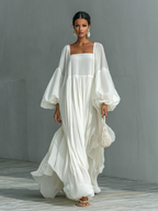 Pleated Maxi Dress with Lantern Sleeves and Lapel Collar