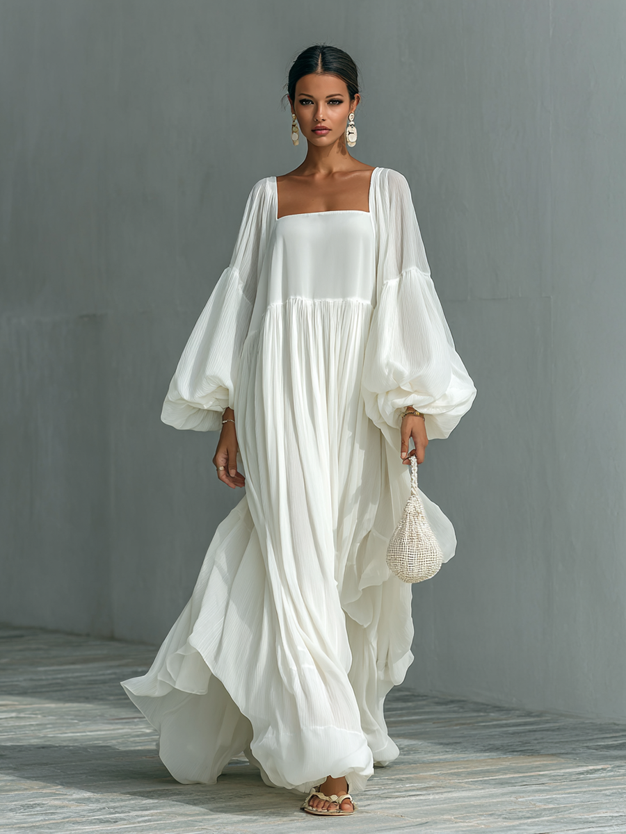 Pleated Maxi Dress with Lantern Sleeves and Lapel Collar