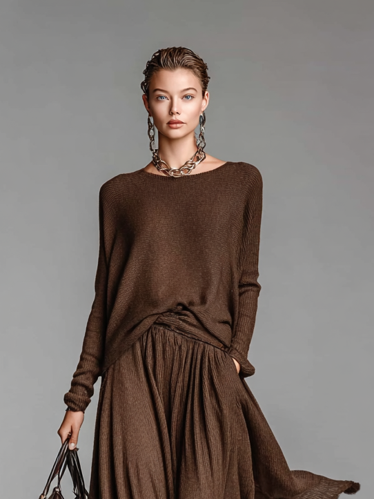 Knitted Skirt and Crew Neck Sweater Set