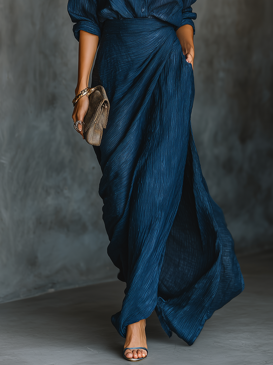 Dark Blue Long Skirt and Elegant Shirt Set in Cotton-Linen