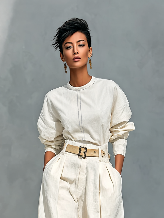 Long-Sleeve Shirt and Wide-Leg Pants Set in Cotton and Linen