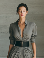 Maxi Dress with Notched Collar and Long Sleeves