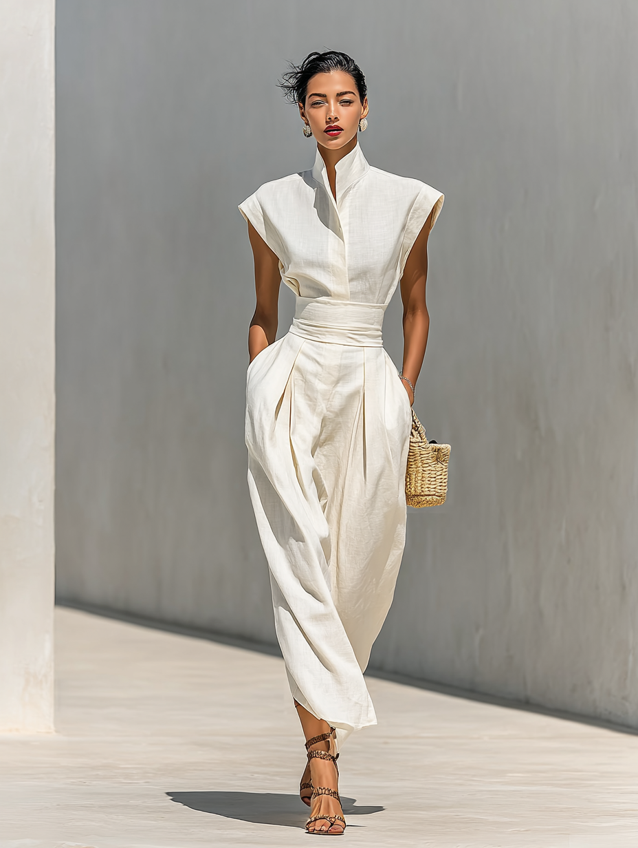 Women's Pure Cotton Maxi Dress with Notched Collar and Cap Sleeves