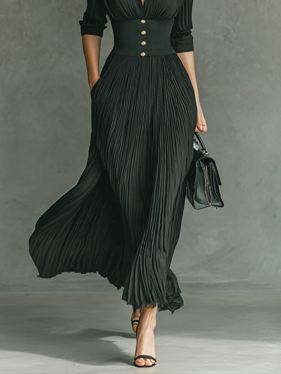 Long Sleeve Maxi Dress with Lapel Collar and Pleats