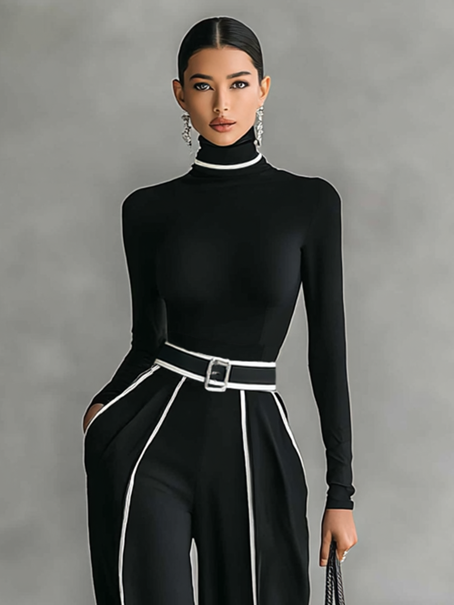 Two-piece women’s set with high-neck long-sleeve top, wide-leg trousers, and belt