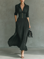 Long Sleeve Maxi Dress with Lapel Collar and Pleats