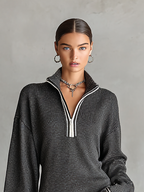 Wide-Knit Mini Dress with Polo Collar and Zipper