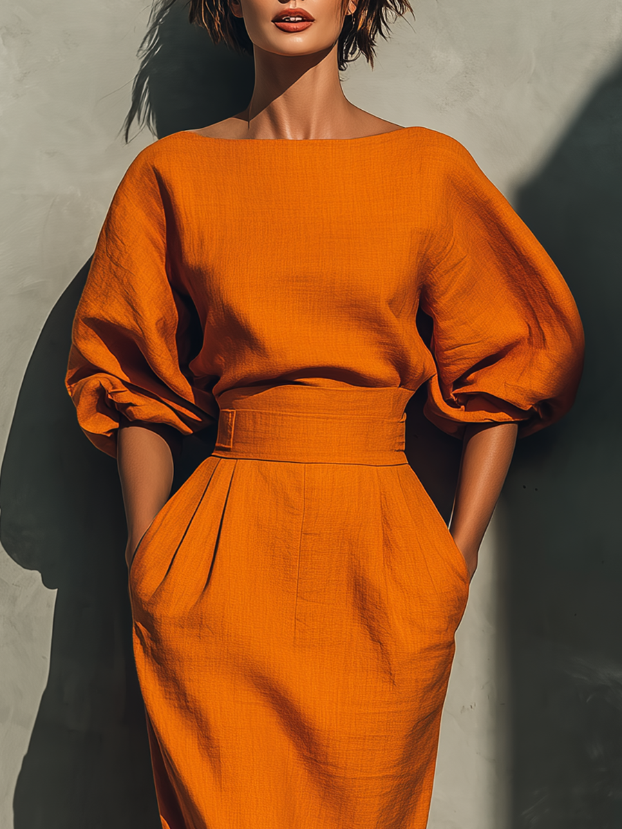 Vibrant Midi Skirt in Cotton-Linen Blend – Orange