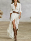 Women’s Long Maxi Dress in Cotton-Linen Blend with Lapel Collar