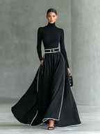 Black Maxi Dress with White Stitching, High Neck, Long Sleeves, and Fitted Belt