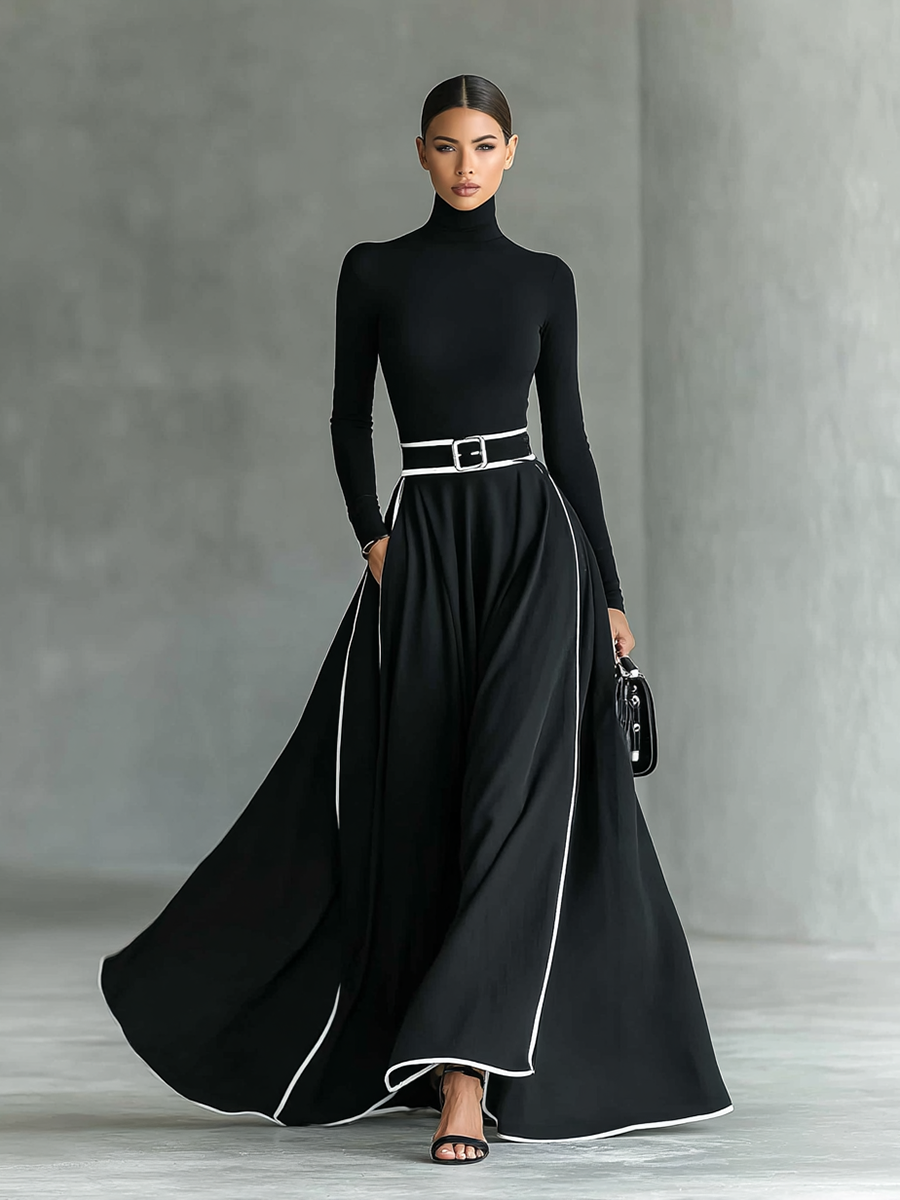 Black Maxi Dress with White Stitching, High Neck, Long Sleeves, and Fitted Belt