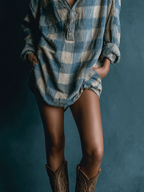Long Mini Dress with Long Sleeves, Washed Loose Plaid Henley Collar