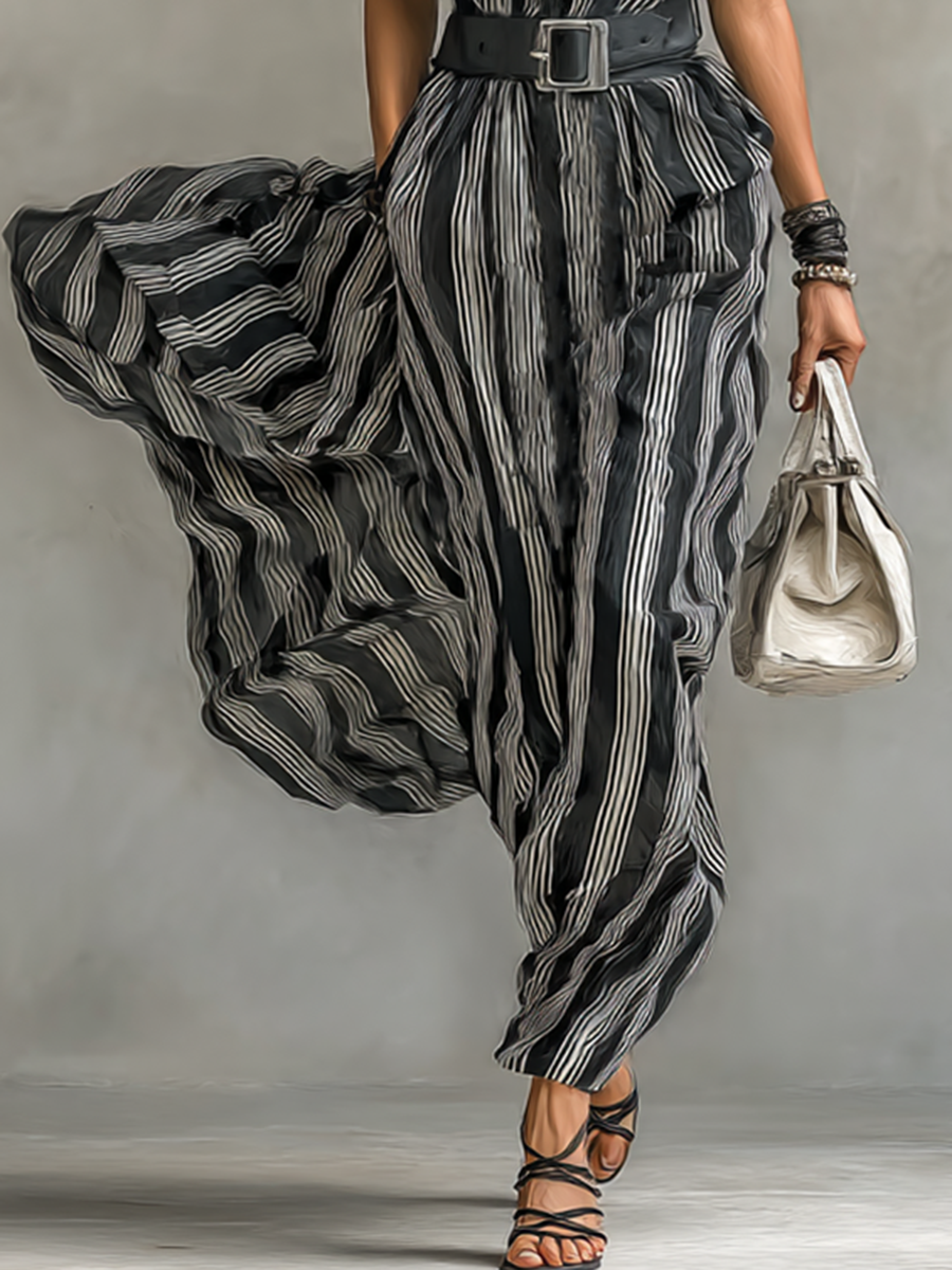 Women's Printed Striped Chiffon Maxi Dress with Collar, Short Sleeves, and Belt